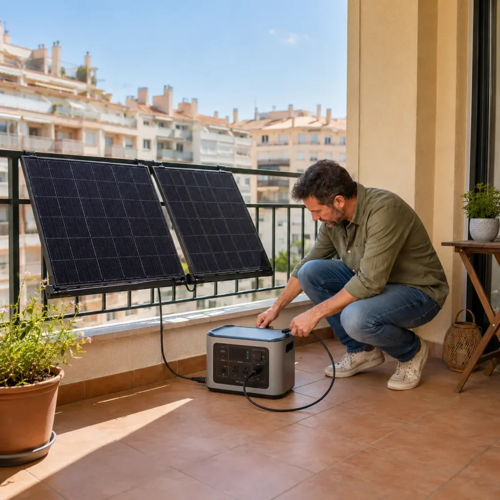 Batería portátil conectada a un kit solar de balcón con paneles instalados en la barandilla