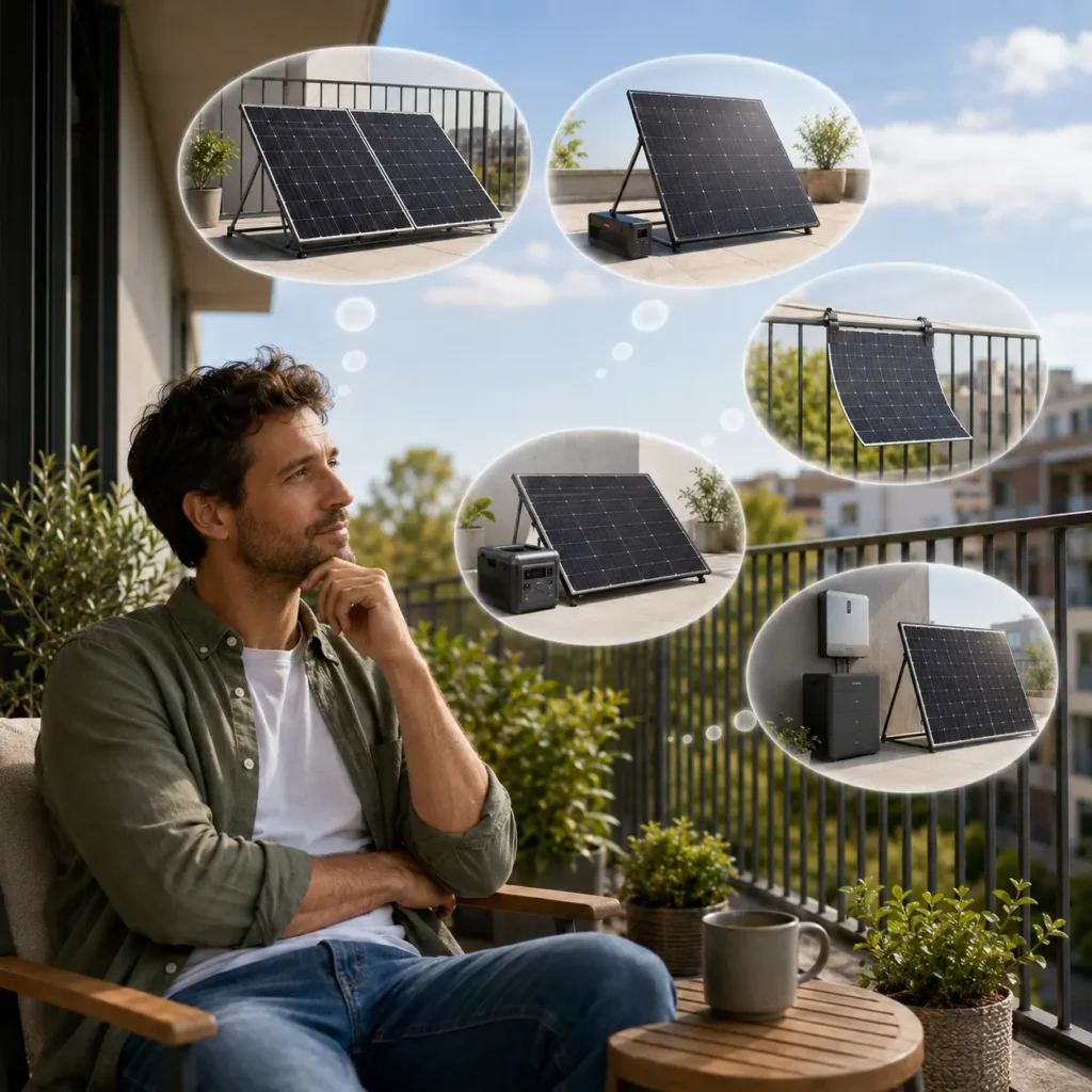 Persona valorando distintas opciones de kits solares para instalar en un balcón