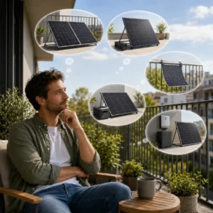 Persona valorando distintas opciones de kits solares para instalar en un balcón