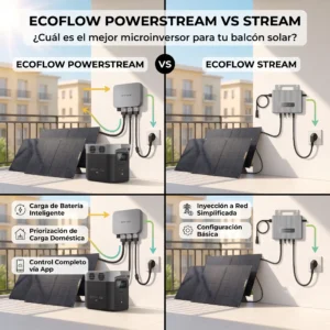 Infografía comparativa de los microinversores EcoFlow PowerStream y EcoFlow Stream mostrando conexiones a paneles solares y enchufe en un balcón